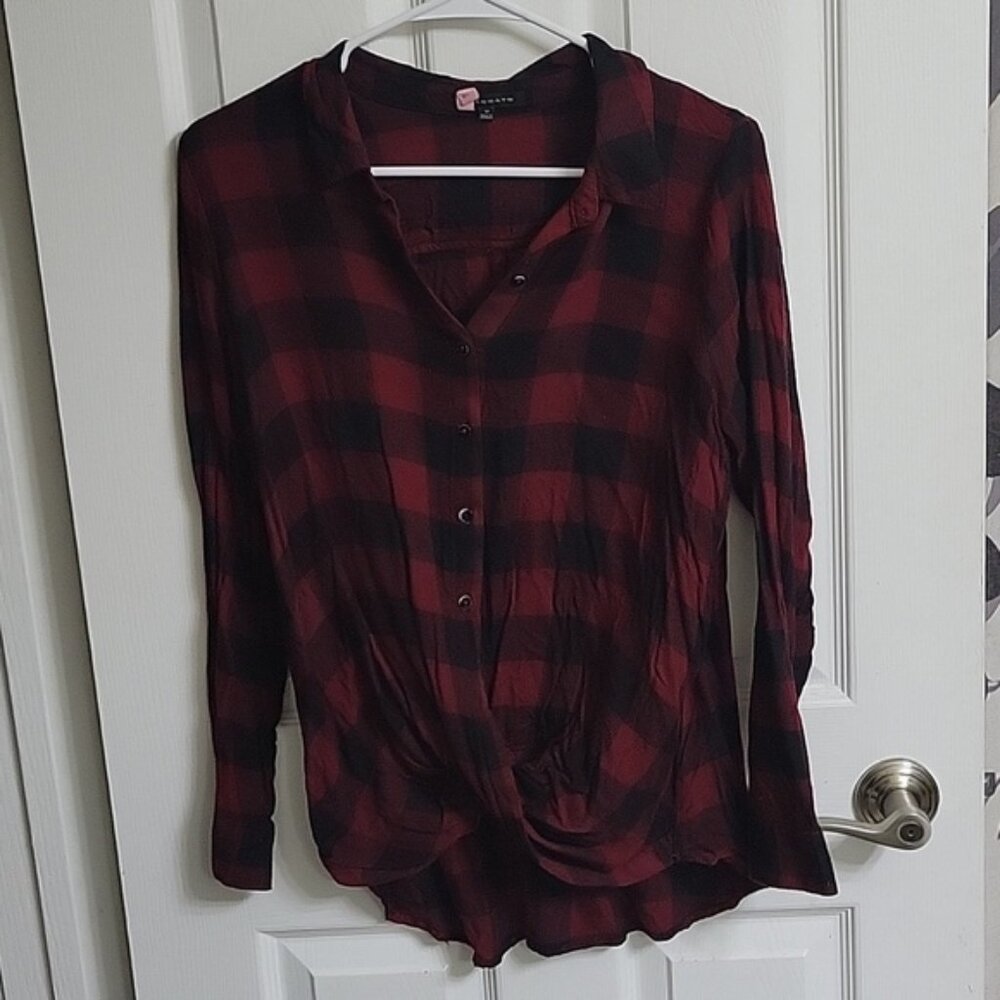 Staccato Ultra Soft Rayon Plaid Draped Ruched Burgundy Black Red Flannel